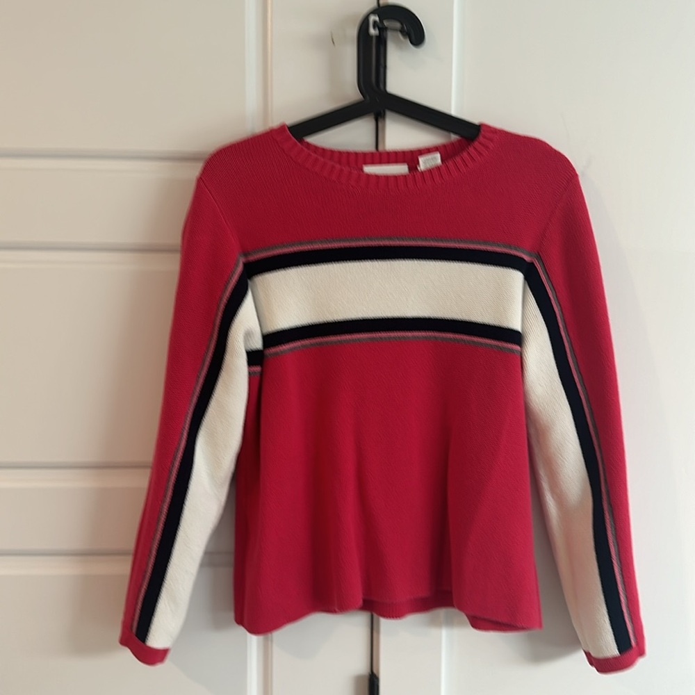 Cotton crew neck hot pink vintage horizontal striped knit sweater skate